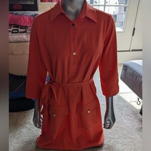 NY&C Woman Size S Orange Dress Side Pockets, Belted Knee Length Unique